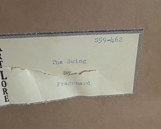 Lot 2336. $95.00. Antique Etching or Engraving " L'Escarpolette" or better known in English as "The Swing" c 1767, by Jean-Honore Fragonard, famous French painter who has done over 550 paintings.. The Swing is said to be one of Fragonard's best, and one of the masterpieces of the Rococo era. There is foxing around the edges and colors are a bit faded, but it appears to be the reverse of the master painting. There is an image beneath the picture. 21.5" x 26.5" x 2"d frame21.5" x 26.5" x 2"d frame