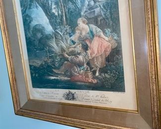 Lot 2338 $95.00. Coloring Engravings "La Chasse by Boucher". Work showing Saint Hubert? Ecuier consieller Paris Rue De Petit S'germain. Foxing around the edgings. Old. 21.5" x 26.5" x 2"d frame