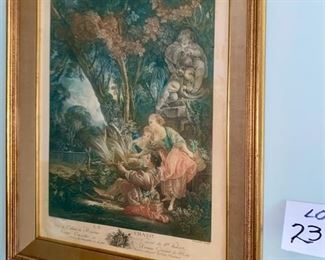 Lot 2338 $95.00. Coloring Engravings "La Chasse by Boucher". Work showing Saint Hubert? Ecuier consieller Paris Rue De Petit S'germain. Foxing around the edgings. Old. 21.5" x 26.5" x 2"d frame