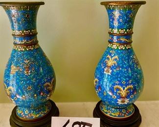 Lot 2339. $225 for the pair. Pair of Antique Chinese Cloisonne vases, PR of C Stamp of release on bottom of Vase. 10" x4.5" on round wooden footed base.