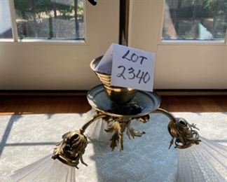 Lot 2340. $150. Antique Triple lamp chandelier. Brass with frosted ruffled glass shades. Interesting brass work at center. From Cavalier Lighting. Inventory from 1830-1930. 22" x 20" dia