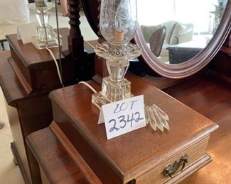 Lot 2342 $48.00 Pair of Electrified hurricane lamps with crystal hanging. Need crystal repairs or get new ones on ebay. . 13" H x 4.5" Diameter At half price, you can make these lamps your own!