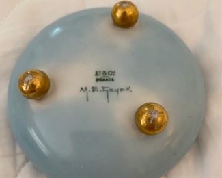 Lot 2343 $165.00 B&C France Hand-painted Limoges porcelain 7 pc dresser set. pin dish, cotton dish, trinket dish (with teeth) 1919 12" x 8.5" tray. Signed by artist, This is a beautiful set - I had a lot more photos of this but somehow they got deleted. I'll add more if given the chance.