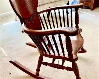 Lot 2344. $200.00. Oh, what a wonderful Antique Rocking Chair. Look at the woodwork, the turned legs, and supports under the curved arms! The head support and all the turned spindles. This is truly a piece of art! Now then, we have Lot # 2344. Victorian Quarter Sawn Oak Rocking Chair. Gorgeous - missing a small piece of veneer on top left. Even modern homes need to have a nice antique piece to give the home character. Buy this now, before you change your mind!