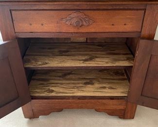 Lot 2346 $225.00 Fabulous Marble Topped Antique Cabinet. Antique Oak handle and two shelves. Marble has signs of wear and a crack, but sharp looking never the less. 30" W x 16" D x 39" H