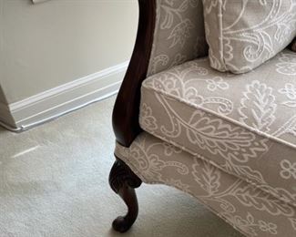Lot 2347 $600.00 Upholstered Antique Settee w/Queen Anne Legs and Camelback design. Looks like it was reupholstered, and it is beautifully redone. We love the Lot 2347 $600.00. Upholstered Antique Settee w/Queen Anne Legs and Camelback design. This settee is in like-new condition! It was reupholstered and was beautifully redone in a current fabulous fabric. Seat depth 20" Seat H 19.5" Overall: 54"W x 34"H. Great piece for a Living Room or Bedroom Suite, or really any place that could use a stylish piece like this - plus it's sooo comfortable. Change the throw pillows to any color that matches your decor. You will not find a better loveseat or settee anywhere for this price!