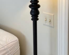 Lot 2350 $85.00. Tall and heavy floor lamp with brown lined frame. Base is Black rubbed bronze Lamp 58" tall x 13" diameter