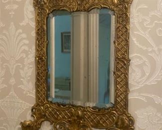 Lot 2353 $145.00. Bradley and Hubbard Vintage Heavy Brass Filigree Mirror w/2 Candelabra. Vintage Cool. stamped with 1941 B+H #3602 12"w x 18" H 3.5 in deep