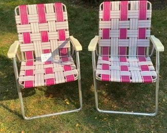 Lot 2316. $25.00. Classic Mid-Century Modern Webbed 3"wide folding lawn chairs (2)