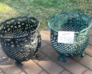 Lot 2320, $95.00. A pair of Plant Baskets. Antique Cast Iron/12.5" diameter and 12" diameter both are 12" H . We found these elsewhere on the internets for $100.00 each. Very Cool.