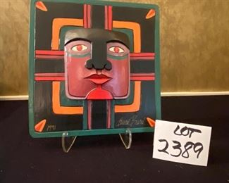 Lot 2389 $44.00 Laurel Burch Wall Hangings Wood (11 3/4" x 9" & 11"w x 11.5"lx 2"d) and Terracotta Platter/Dish (9.5"L x 6.5"W) Colorful display!