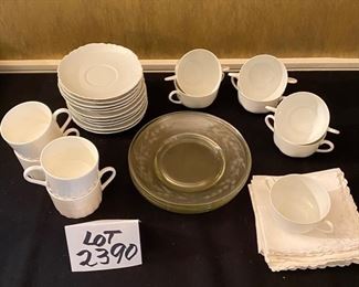 Lot 2390 $60.00. 41 pc Luncheon set with 7 double handled bouillion cups, 11 saucers (H&G Bavaria), 8 Wedgwood Colosseum Coffee Cups (4 add'l cups found after pictures taken), 5 etched glass luncheon plates, 10 embroidered napkins.
