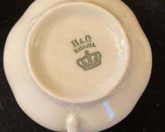 Lot 2390 $60.00 41 pc Luncheon set with 7 double handled bouillion cups, 11 saucers (H&G Bavaria), 8 Wedgwood Colosseum Coffee Cups (4 addl found after pictures were taken), 5 etched glass luncheon plates, 10 embroidered napkins.