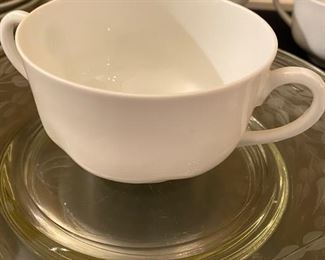 Lot 2390 $60.00 41 pc Luncheon set with 7 double handled bouillion cups, 11 saucers (H&G Bavaria), 8 Wedgwood Colosseum Coffee Cups (4 addl found after pictures taken), 5 etched glass luncheon plates, 10 embroidered napkins.