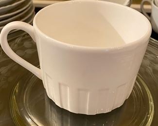 Lot 2390 $60.00 41 pc Luncheon set with 7 double handled bouillion cups, 11 saucers (H&G Bavaria), 8 Wedgwood Colosseum Coffee Cups (4 addl found after pictures were taken), 5 etched glass luncheon plates, 10 embroidered napkins.