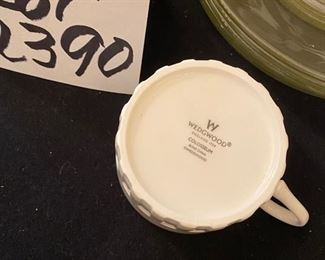 Lot 2390 $60.00 41 pc Luncheon set with 7 double handled bouillion cups, 11 saucers (H&G Bavaria), 8 Wedgwood Colosseum Coffee Cups (4 addl found after pictures taken), 5 etched glass luncheon plates, 10 embroidered napkins.