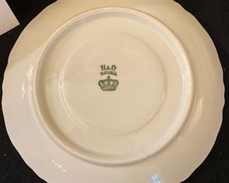 Lot 2390 $60.00 41 pc Luncheon set with 7 double handled bouillion cups, 11 saucers (H&G Bavaria), 8 Wedgwood Colosseum Coffee Cups (4 addl found after pictures were taken), 5 etched glass luncheon plates, 10 embroidered napkins.