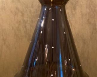 Lot 2391 $48.00. Vintage Amber/Brown Glass lamp w/ Hand-painted leaf vine motif and dots. Tested. The lamp is a little crooked at the base. Not sure if this can be fixed. With the right shade, you wouldn't notice it! Metal base 33" to top of harp, 19" to top of the glass.