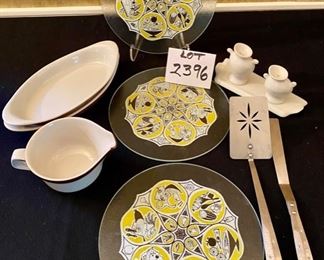 Lot 2396 $20.00. Retro Cool Kitchen Lot! 3 glass trivets with cool MCM graphics (one is missing it's rubber feet), 2 casserole bakers, 1 stoneware small pitcher, S&P set with Matching Underplate which is Signed, also 2 retro spatulas with stars.