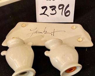 Lot 2396 $20.00. Retro Cool Kitchen Lot! 3 glass trivets with cool MCM graphics (one is missing it's rubber feet), 2 casserole bakers, 1 stoneware small pitcher, S&P set with Matching Underplate which is Signed, also 2 retro spatulas with stars.