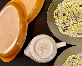 Lot 2396 $20.00. Retro Cool Kitchen Lot! 3 glass trivets with cool MCM graphics (one is missing it's rubber feet), 2 casserole bakers, 1 stoneware small pitcher, S&P set with Matching Underplate which is Signed, also 2 retro spatulas with stars.