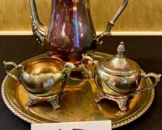 Lot 2397. $75.00. 4 pc. Silverplate Coffee service. w/Coffee Pot, sugar, and creamer. Tray and pot "WM Rodgers".