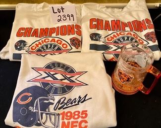 Lot 2399. $30.00. Superbowl '85 Lot. 2 Sz "Lg." (this is an 80's large not 2020 large) super bowl XX sweatshirts, 1 LG NFC Champs Sweatshirt, and a "frosty" mug. Coordinates well with Lot 2107.