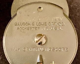 Lot 2400. $40.00. Copeland Refractascope by Bausch & Lomb Optical Co Pat. No. 1648.013 and May Ophthalmoscope with lined box of DR. E.T. Beatty. May be missing a cord?