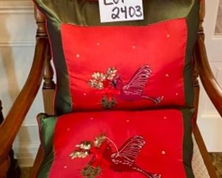 Lot 2403. $28.00. Cardinal Holiday pillows (2) green and red with coordinating runner. 18" sq pillow. Runner 68"l x 13.5"w