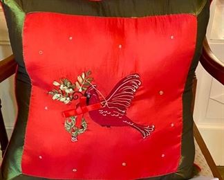 Lot 2403. $28.00. Cardinal Holiday pillows (2) green and red with coordinating runner. 18" sq pillow. Runner 68"l x 13.5"w
