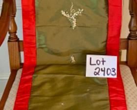 Lot 2403. $28.00. Cardinal Holiday pillows (2) green and red with coordinating runner. 18" sq pillow. Runner 68"l x 13.5"w