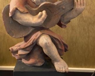 Lot 2405. $95.00. Vintage Plaster Statue Minstrel/Guitar Player on painted base. Great Patina. Did not see any signatures. 19"h with base, 13"h figure only x 8"w x 5.5" d