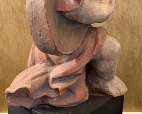 Lot 2405. $95.00. Vintage Plaster Statue Minstrel/Guitar Player on painted base. Great Patina. Did not see any signatures. 19"h with base, 13"h figure only x 8"w x 5.5" d