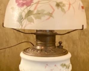 Lot 2406. $125.00. Vintage Gone with the Wind (GWTW) Electrified Lamp with Floral Handpainted Shade and Bottom. Bronze Base and Light Fixture. 25" H x 9" W
