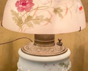 Lot 2406. $125.00. Vintage Gone with the Wind (GWTW) Electrified Lamp with Floral Handpainted Shade and Bottom. Bronze Base and Light Fixture. 25" H x 9" W
