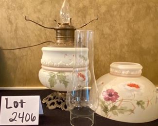 Lot 2406. $125.00. Vintage Gone with the Wind (GWTW) Electrified Lamp with Floral Handpainted Shade and Bottom. Bronze Base and Light Fixture. 25" H x 9" W