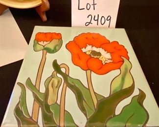 Lot 2409. $50.00. Russel Albright by Oneida Cookie Plate (9.25" dia), Studio Pottery signed leaf vase with frog, Handpainted Flower Trivet (8" sq.), Matted Monet print ready to frame (9"x12" with matting)!. (plate stand not included).