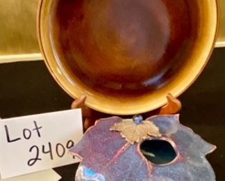 Lot 2409. $50.00. Russel Albright by Oneida Cookie Plate (9.25" dia), Studio Pottery signed leaf vase with frog, Handpainted Flower Trivet (8" sq.), Matted Monet print ready to frame (9"x12" with matting)!. (plate stand not included).