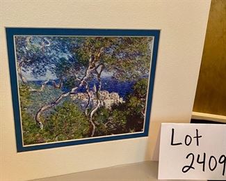 Lot 2409. $50.00. Russel Albright by Oneida Cookie Plate (9.25" dia), Studio Pottery signed leaf vase with frog, Handpainted Flower Trivet (8" sq.), Matted Monet print ready to frame (9"x12" with matting)!. (plate stand not included).
