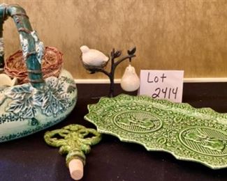 Lot 2414. $30.00. Is it Spring Again? Lot featuring: Watermelon Planter, S+P on a metal tree, Iron Bottle Stopper, Straw Bird Nest, Green Bunny Platter (made in Portugal)