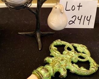 Lot 2414. $30.00. Is it Spring Again? Lot featuring: Watermelon Planter, S+P on a metal tree, Iron Bottle Stopper, Straw Bird Nest, Green Bunny Platter (made in Portugal)