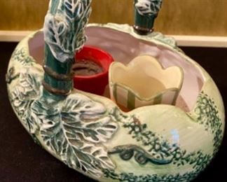 Lot 2414. $30.00. Is it Spring Again? Lot featuring: Watermelon Planter, S+P on a metal tree, Iron Bottle Stopper, Straw Bird Nest, Green Bunny Platter (made in Portugal)