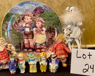Lot 2417. $40.00. Hummel Collector Plate, 5 bisque Village People 😂 (One is a mini-toby mug), 2 small dolls made in Soviet Union, one porcelain face doll ornament.