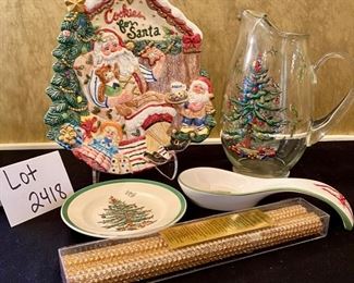 Lot 2418. $48.00. Fitz & Floyd Christmas Cookie Plate. Spode Christmas Water or Cider Pitcher, Spode Spoon Rest and Underplate (plate has has a couple chips on edge), 2 beeswax gold candles.