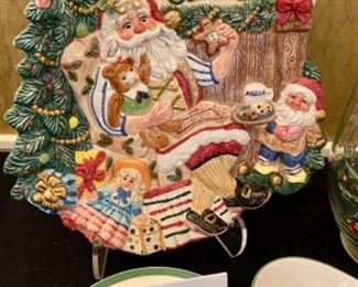 Lot 2418. $48.00. Fitz & Floyd Cookie Plate. Spode Christmas Pitcher, Spode Spoon Rest and Underplate (has a couple chips on edge), 2 beeswax gold candles.