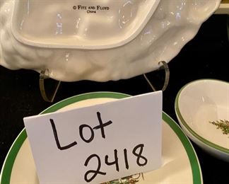 Lot 2418. $48.00. Fitz & Floyd Cookie Plate. Spode Christmas Pitcher, Spode Spoon Rest and Underplate (has a couple chips on edge), 2 beeswax gold candles.