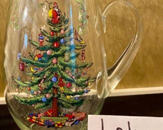 Lot 2418. $48.00. Fitz & Floyd Cookie Plate. Spode Christmas Pitcher, Spode Spoon Rest and Underplate (has a couple chips on edge), 2 beeswax gold candles.