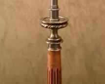Lot 2421. $125.00. Vintage Antique Bronze Lamp w/wood stem and white glass shade. Also Includes vinyl vintage shade (in good shape) 37"h x 7.5"d x 8"w