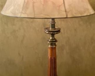 Lot 2421. $125.00. Vintage Antique Bronze Lamp w/wood stem and white glass shade. Also Includes vinyl vintage shade (in good shape) 37"h x 7.5"d x 8"w