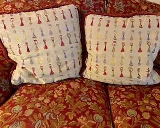 Lot 2422 $475.00. Pearson Camelback Love Seat, Down-filled w/attractive modern floral in deep red, tan, green, gray upholstery. Includes 2 pillows in the picture. 60"L x 34" D x 35"H